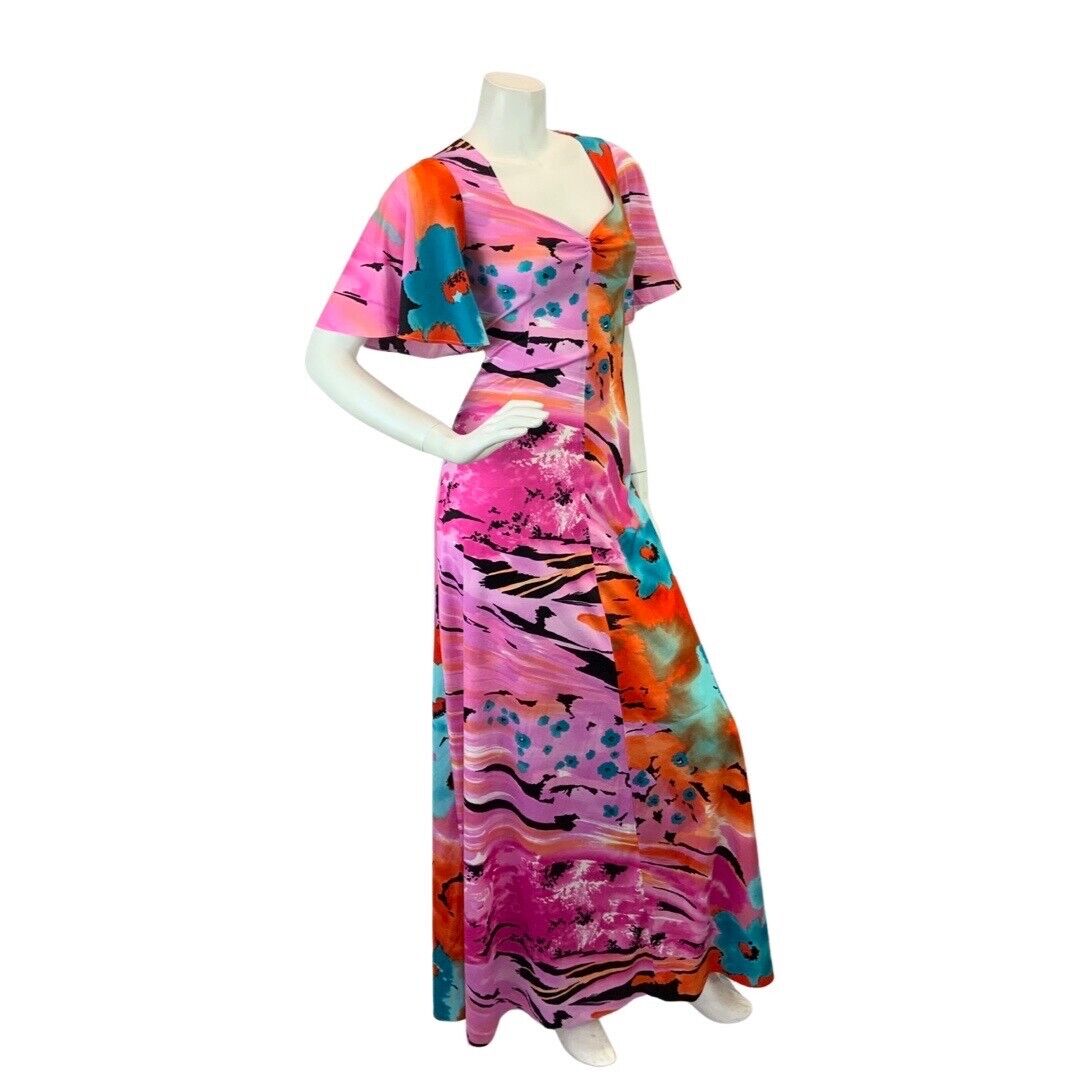 VINTAGE 60s 70s PINK ORANGE BLACK ABSTRACT FLORAL BEACH SUMMER MAXI DRESS 10