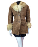 VINTAGE 60s 70s WARM BROWN SUEDE LEATHER FUR COLLAR PENNY SHEARLING COAT 12 14