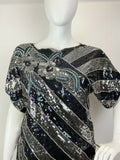 VTG 70s 80s BLACK SILVER BLUE STRIPED FLORAL SEQUIN DISCO GLAM BLOUSE TOP 18 20