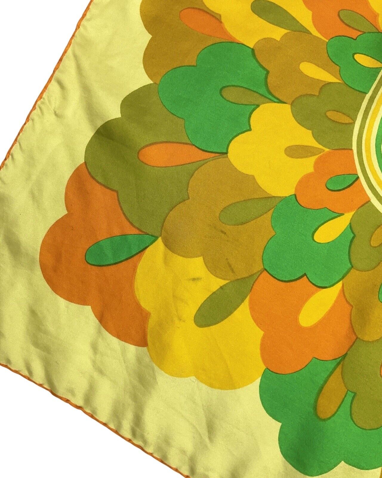 VINTAGE 60s 70s YELLOW GREEN ORANGE GEOMETRIC LEAFY MOD SILK SQUARE SCARF