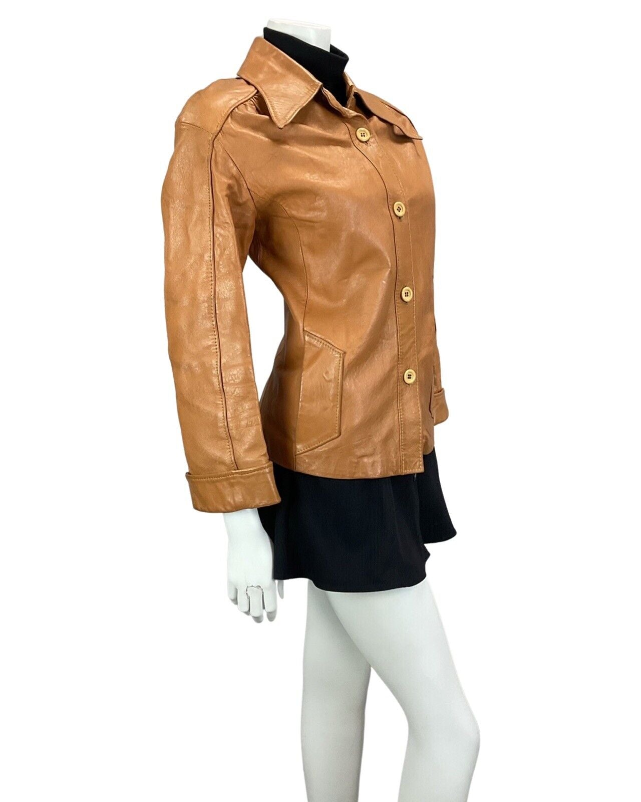 VTG 60s 70s DARK ORANGE TAN BROWN DAGGER COLLAR LEATHER MOD BIKER JACKET 12 14