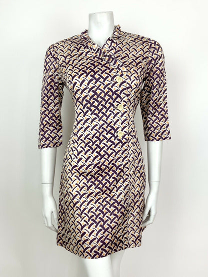 VINTAGE 60s 70s WHITE PURPLE YELLOW GEOMETRIC RUFFLE MOD SHIFT DRESS 8 10