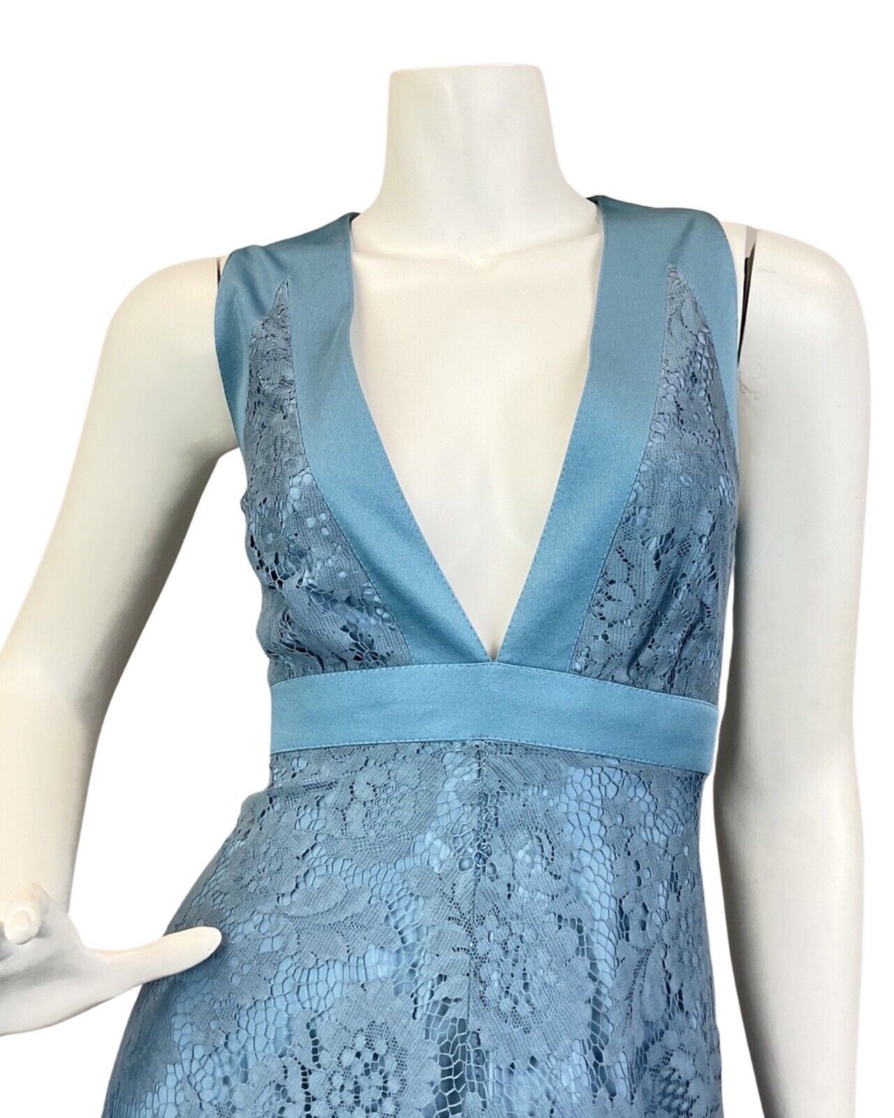 VINTAGE 60s 70s BLUE FLORAL LACE PLUNGING V-NECK SLEEVELESS MAXI DRESS GOWN 10