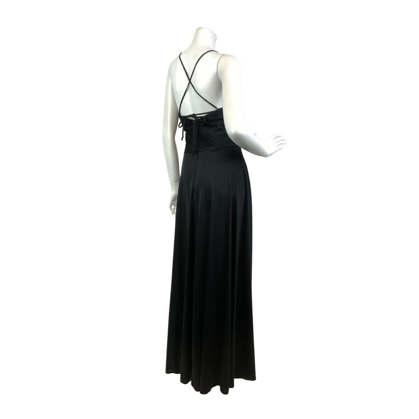 VINTAGE 60s 70s BLACK PLUNGING PLEATED SPAGHETTI-STRAP ELEGANT MAXI DRESS 10 12