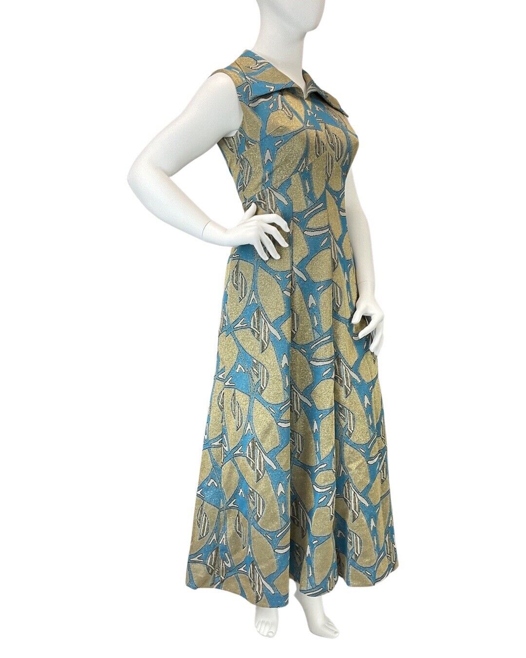 VINTAGE 60s 70s BLUE GOLD PSYCHEDELIC WING COLLAR SLEEVELESS MAXI DRESS 16