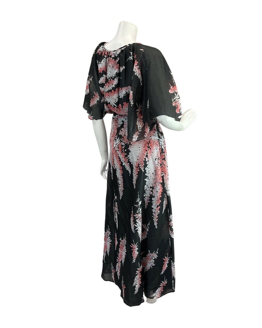 VINTAGE 60s 70s BLACK WHITE RED FLORAL LEAFY SHEER BOHO FOLK MAXI DRESS 8 10