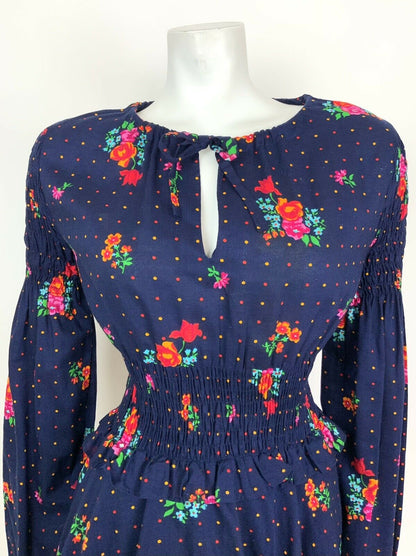 VTG 60s 70s BLUE ORANGE PINK FLORAL POLKA DOT PEPLUM RUCHED BOHO FOLK DRESS 8 10