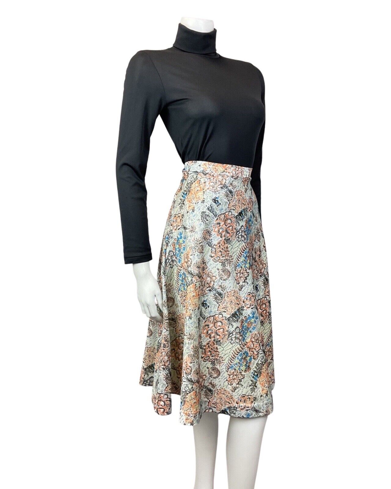 VINTAGE 60s 70s WHITE BLACK ORANGE PSYCHEDELIC FLORAL GEOMETRIC SWING SKIRT 8