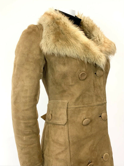 VTG 60s 70s CAMEL BROWN SUEDE SHEARLING DOUBLE-BREASTED BOHO PRINCESS COAT 12