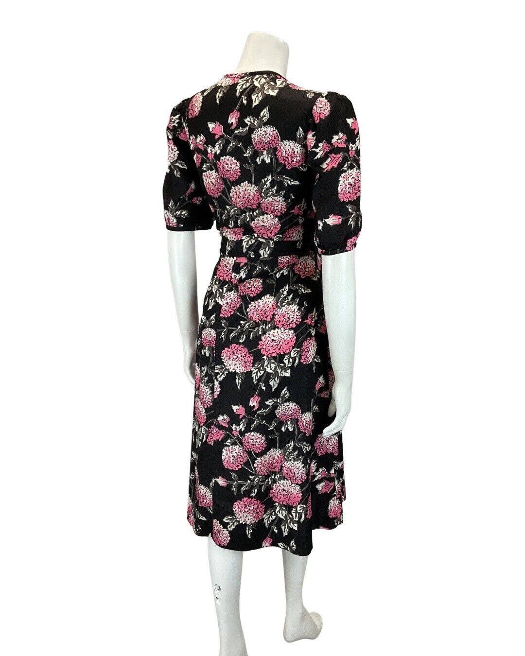 VINTAGE 60s 70s BLACK PINK GREY FLORAL HYDRANGEA MOD KNEE-LENGTH DRESS 12 14