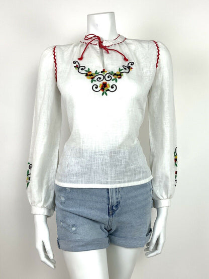 VTG 70s ETHNIC WHITE BLACK RED YELLOW GREEN EMBROIDERED FLORAL TOP GYPSY 10 12