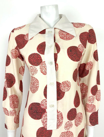 VTG 60s 70s MOD CREAM RED BLACK GREEN GEOMETRIC CIRCLE SHIRT DRESS 8 10