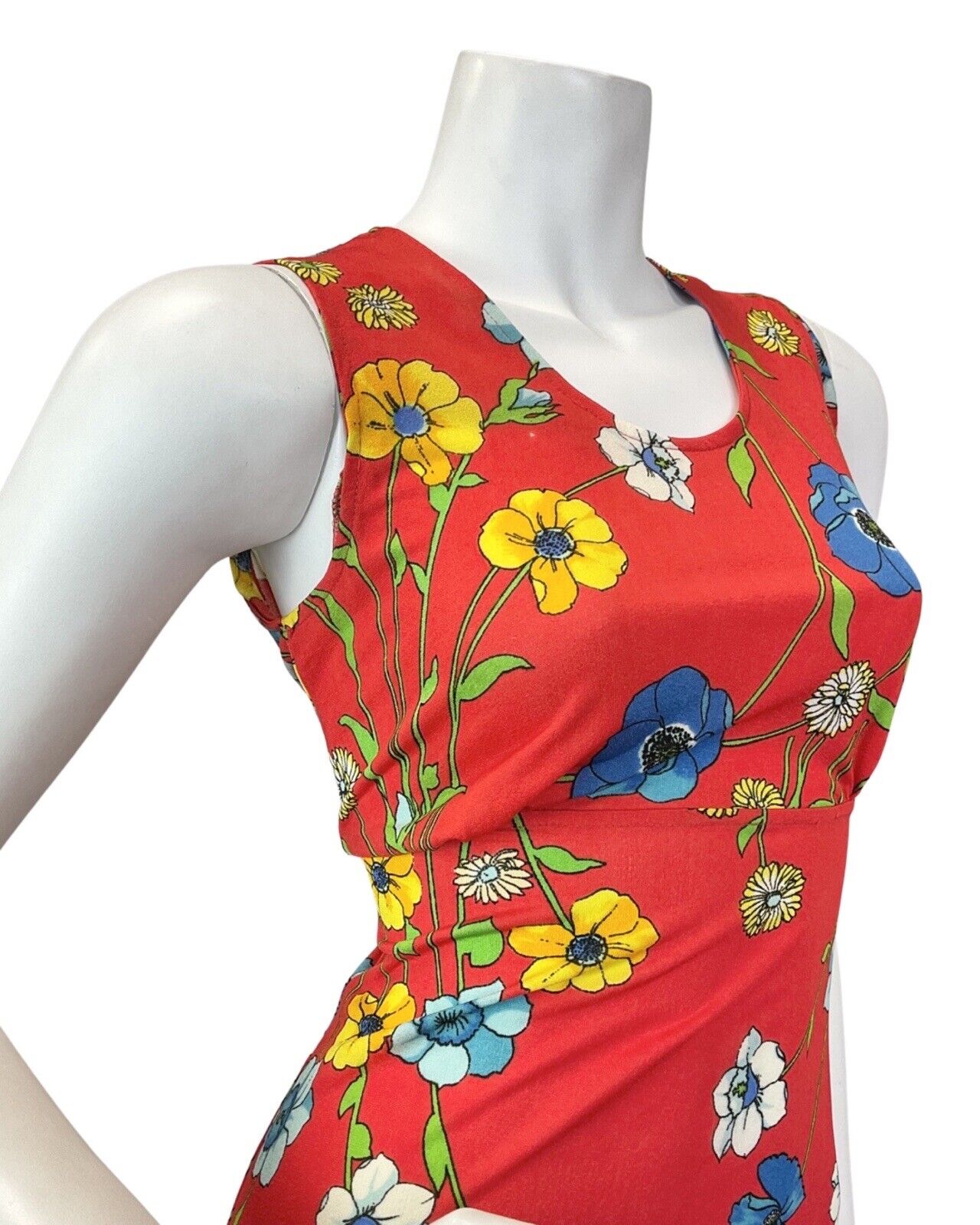 VINTAGE 60s 70s RED BLUE YELLOW FLORAL POPPY SLEEVELESS MOD MAXI DRESS 8