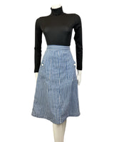 VINTAGE 60s 70s DENIM BLUE WHITE STRIPED DOTTY MIDI A-LINE SKIRT 8