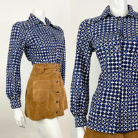 VINTAGE 70s 90s PUCCINI BLUE WHITE GEOMETRIC CRISS-CROSS CHECKED DAGGER SHIRT 10