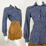 VINTAGE 70s 90s PUCCINI BLUE WHITE GEOMETRIC CRISS-CROSS CHECKED DAGGER SHIRT 10