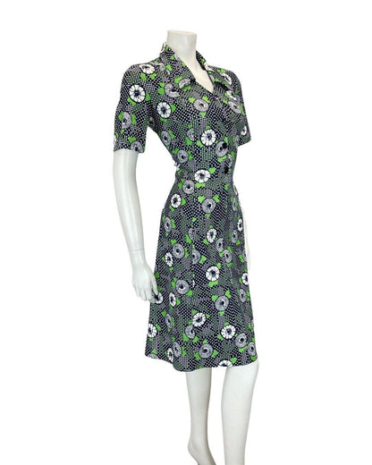 VINTAGE 60s 70s NAVY BLUE GREEN WHITE FLORAL DOTTY MOD SHIRT DRESS 12 14