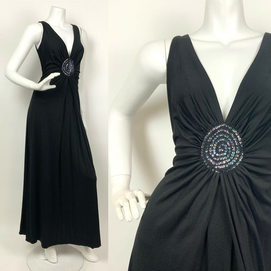 VINTAGE 60s 70s BLACK IRIDESCENT SEQUIN SPIRAL PLUNGE GLAM GOWN MAXI DRESS 6 8