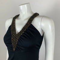 VINTAGE 70S BLACK GOLD BEADED HALTER NECK DRESS 6 8