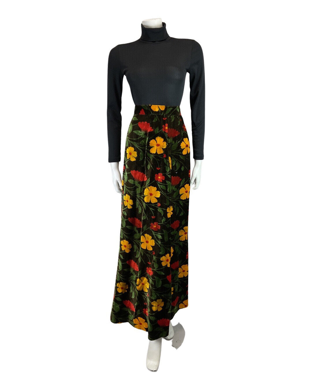 VINTAGE 60s 70s BROWN RED YELLOW FLORAL DAISY MOD BOHO VELVET MAXI SKIRT 8