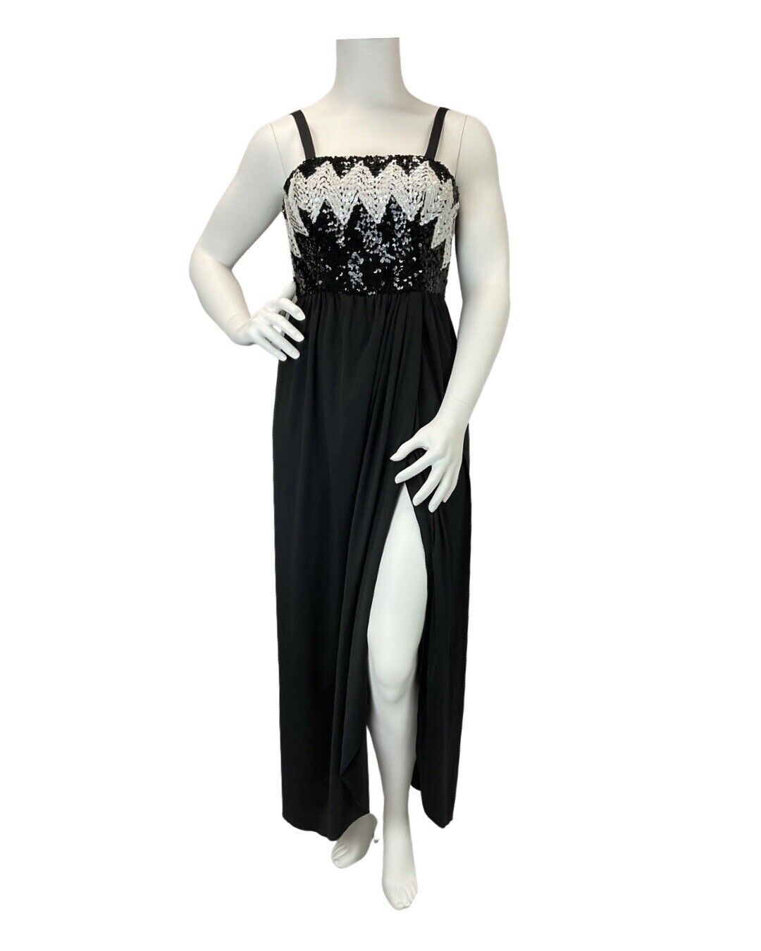 VINTAGE 60s 70s BLACK WHITE SEQUIN ZIG-ZAG STRAPPY DISCO STUDIO 54 MAXI DRESS 8