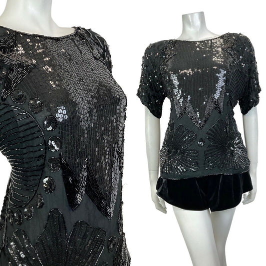 VINTAGE 70s 80s BLACK FLORAL GEOMETRIC DECO SEQUIN BEADED DISCO PARTY TOP 16 18