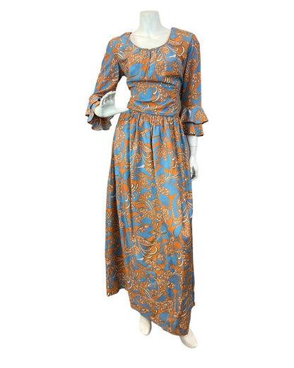 VINTAGE 60s 70s BLUE ORANGE PSYCHEDELIC FLORAL FLOUNCE SLEEVE MOD MAXI DRESS 12