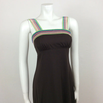 60S 70S VINTAGE BOHO BROWN RAINBOW CROCHET MAXI DRESS 6 8