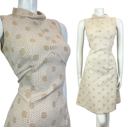 VINTAGE 60s 70s CREAM GOLD LUREX POLKA-DOT PARTY DISCO STUDIO 54 MOD DRESS 10 12