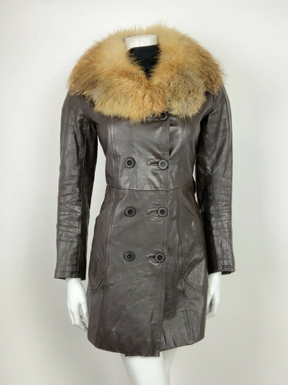 VTG 60s 70s BROWN CREAM FUR TRIM DOUBLE BREASTED PENNY LANE LEATHER COAT 8 10