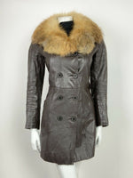 VTG 60s 70s BROWN CREAM FUR TRIM DOUBLE BREASTED PENNY LANE LEATHER COAT 8 10