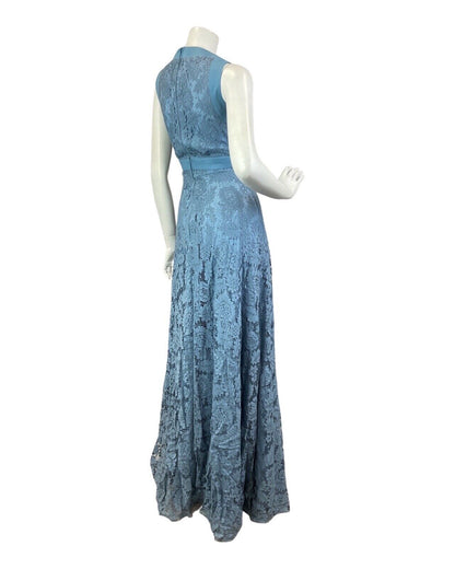 VINTAGE 60s 70s BLUE FLORAL LACE PLUNGING V-NECK SLEEVELESS MAXI DRESS GOWN 10