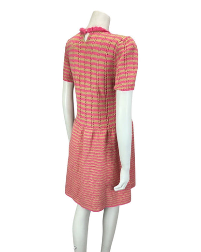 VINTAGE 60s PINK BEIGE STRIPED KNITTED CROCHETED MOD SUMMER SHORT DRESS 10