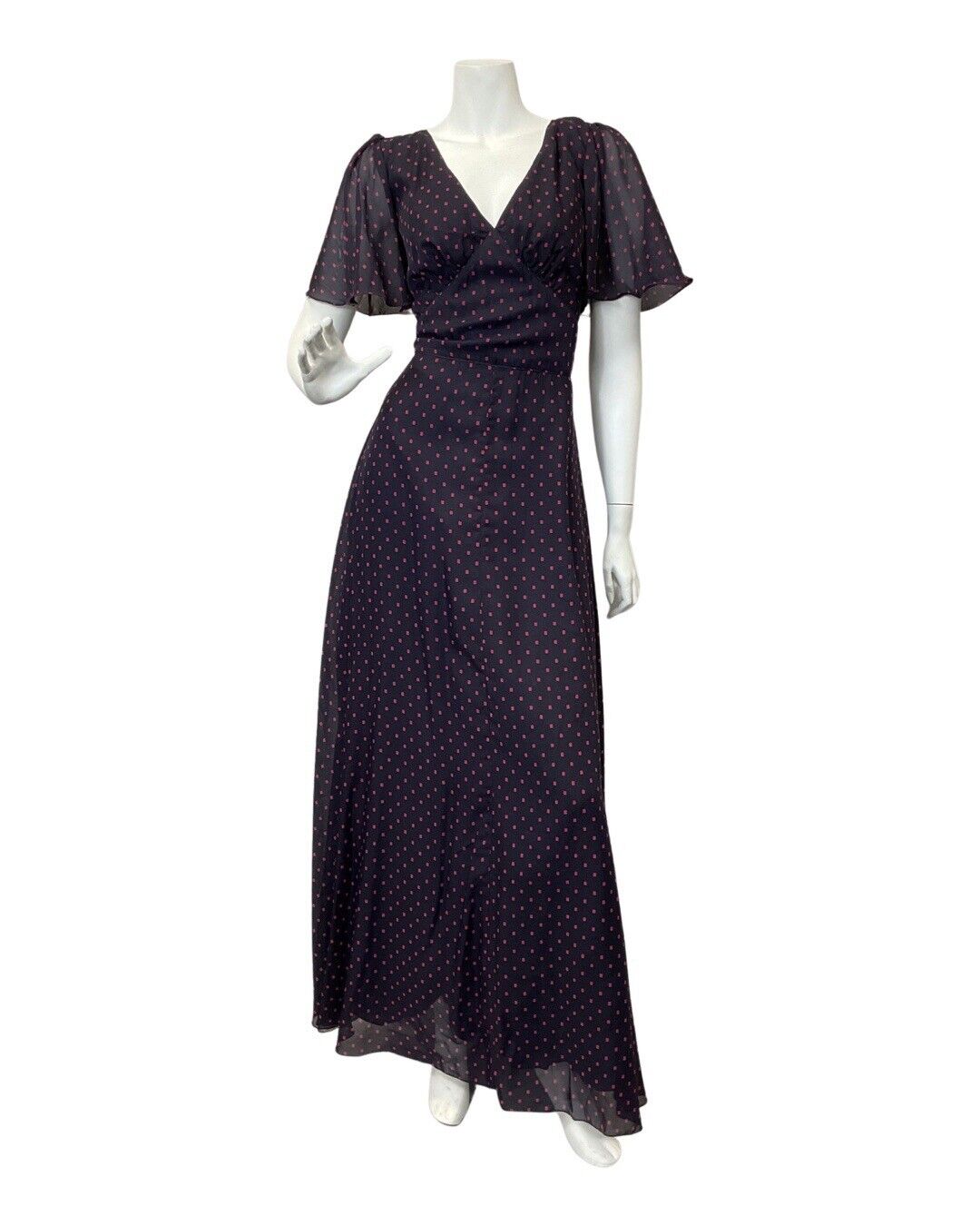 VINTAGE 60s 70s NAVY BLUE PINK SQUARE POLKA-DOT SHEER GOWN MAXI DRESS 10 12