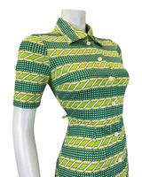 VINTAGE 60s 90s LIME GREEN WHITE STRIPED DOTTY GEOMETRIC MOD SHIRT DRESS 6 8