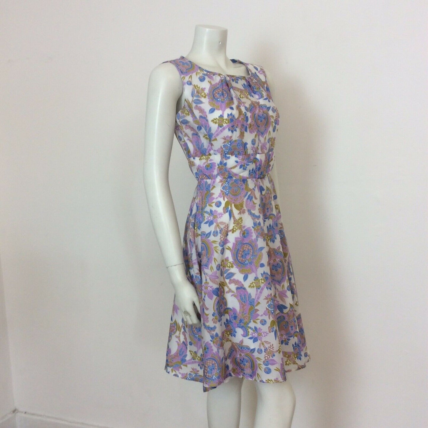 VINTAGE 60S 70s WHITE MUSTARD BLUE PURPLE PAISLEY DRESS 8 10