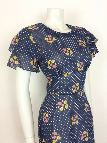 VINTAGE 60s 70s TEA DRESS POLKA DOT FLORAL RUFFLE BLUE WHITE PINK YELLOW 12