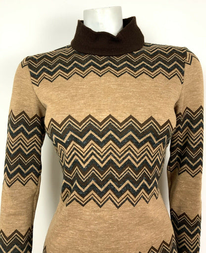 VINTAGE 60s 70s BROWN BLACK CHEVRON TURTLENECK BOHO JUMPER DRESS 8 10