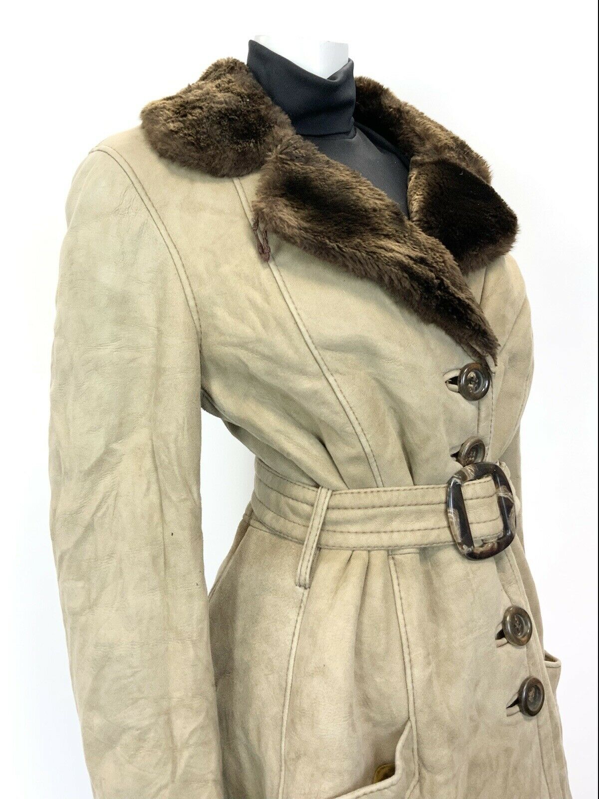 VTG 60s 70s SAND BEIGE BROWN SUEDE SHEARLING BELTED MOD PRINCESS COAT 14 16