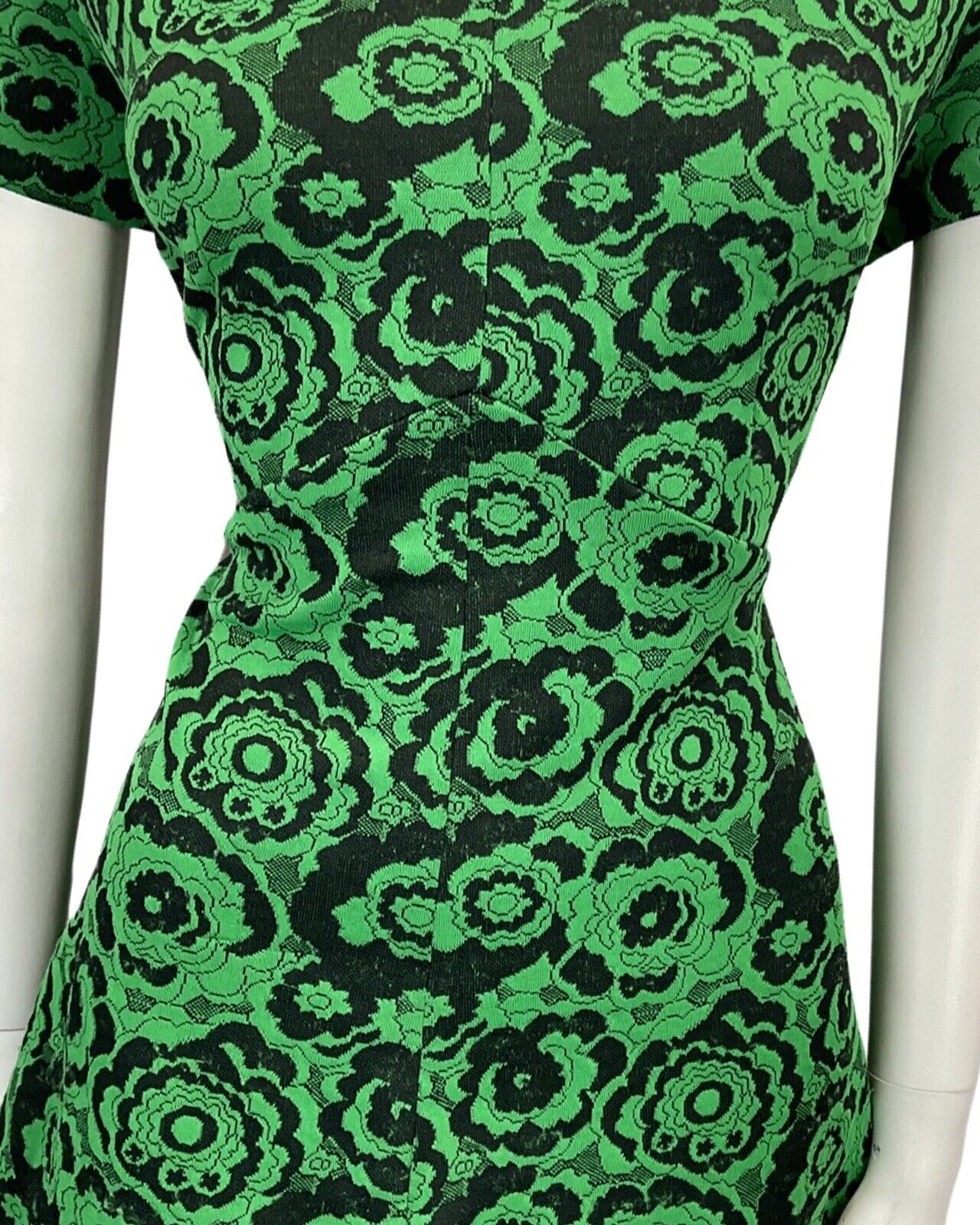 VINTAGE 60s 70s BLACK GREEN FLORAL PATTERN MINI MOD DRESS 16