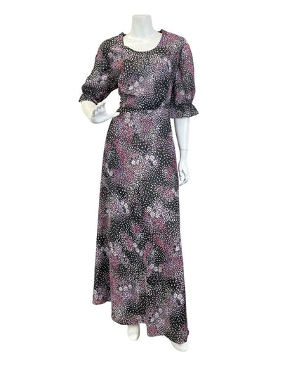 VINTAGE 60s 70s BLACK PURPLE WHITE DITSY FLOWER DAISY SHEER SUMMER MAXI DRESS 16