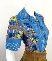 VTG 60s 70s BLUE YELLOW ORANGE FLORAL PSYCHEDELIC CHECKED DAGGER BLOUSE TOP 12