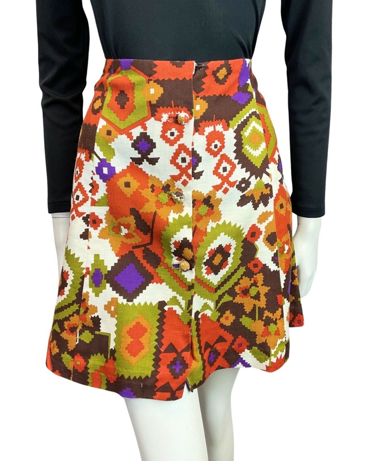 VINTAGE 60s 70s WHITE GREEN BROWN ORANGE GEOMETRIC AZTEC A-LINE MINI SKIRT 10