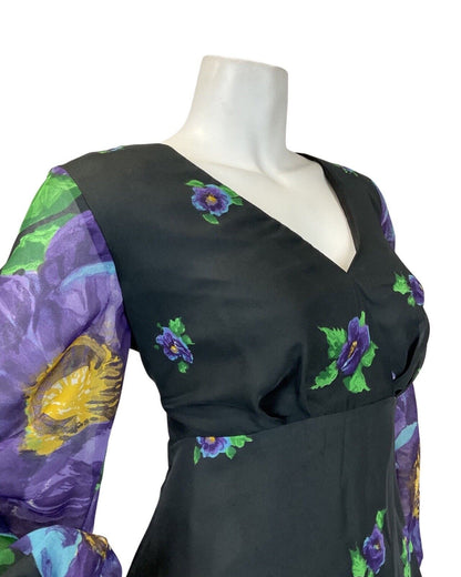 VINTAGE 60s 70s BLACK PURPLE GREEN FLORAL LONG-SLEEVE MAXI DRESS 12 14