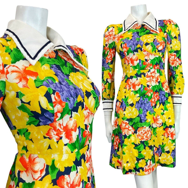 VINTAGE 60s 70s YELLOW BLUE RED FLORAL ROSE DAGGER SHIRT SWING DRESS 6 8