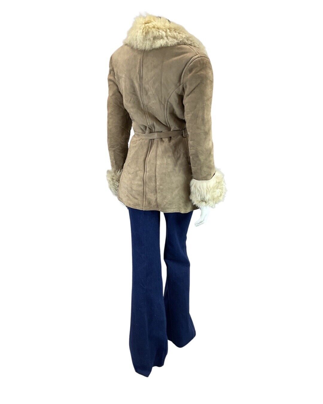 VINTAGE 60s 70s CREAM SAND BROWN BELTED MOD SUEDE SHEARLING WRAP COAT 12 14