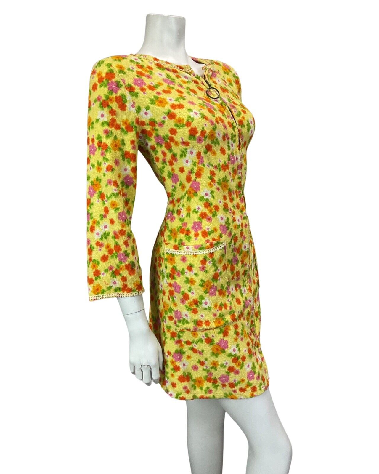 VINTAGE 60s 70s YELLOW ORANGE GREEN PINK FLORAL TOWELLING MINI DRESS 10 12