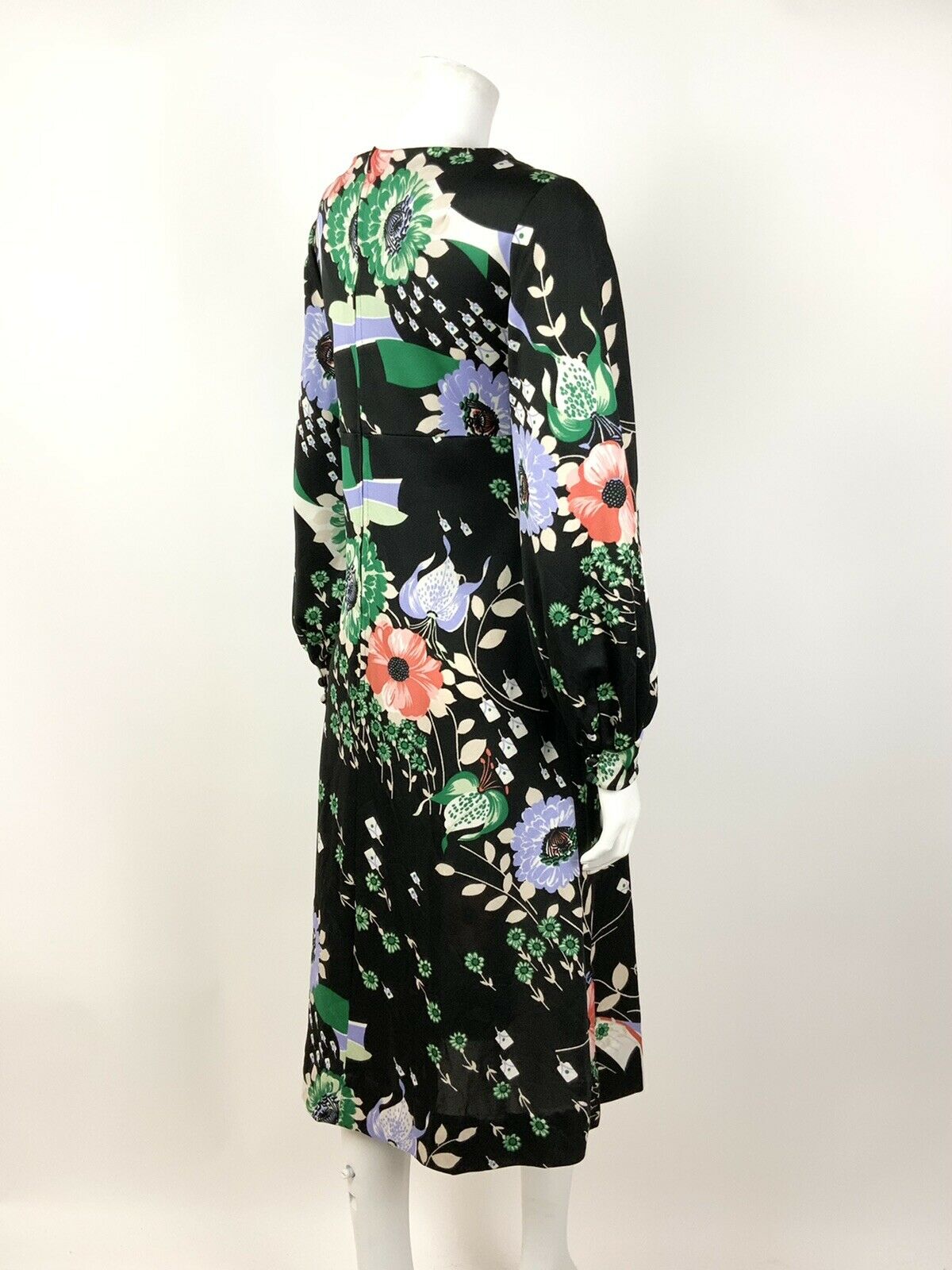 VINTAGE 60s 70s BLACK GREEN PURPLE PINK FLORAL PUFF SLEEVE DRESS 12 14