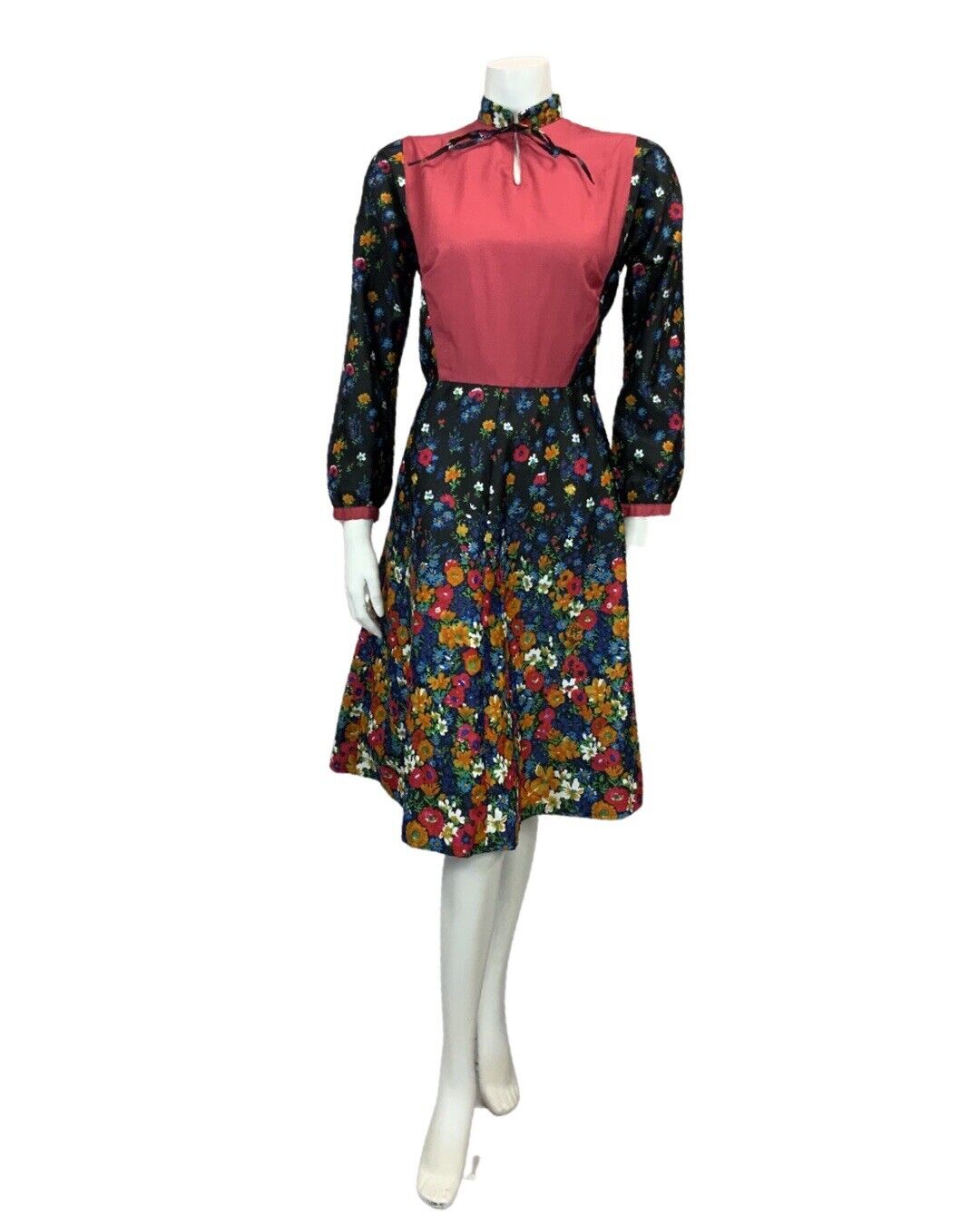 VINTAGE 60s 70s BLACK BURGUNDY BLUE ORANGE FLORAL PRINT FOLK BIB DRESS 12