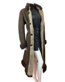 VINTAGE 60s 70s DARK BROWN SUEDE LEATHER SHEARLING LONG COAT 12 14